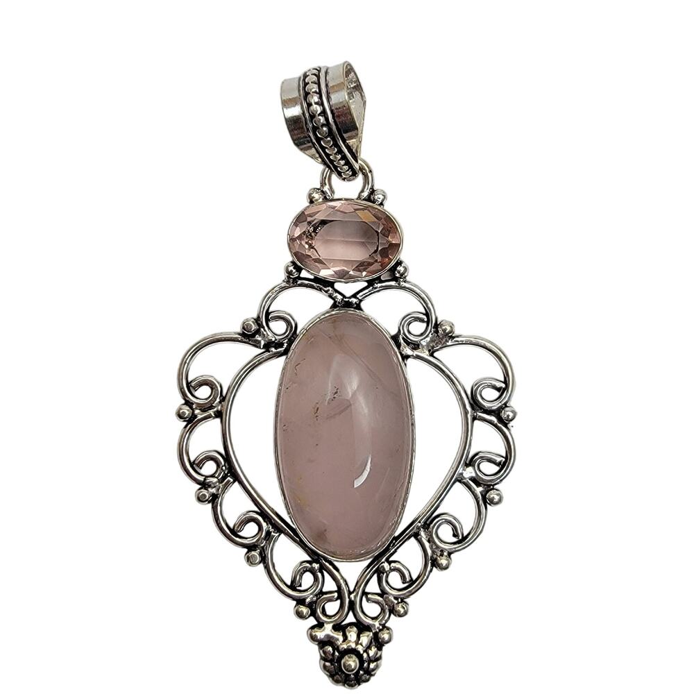 Sterling Silver Rose Quartz and Amethyst Flower Pendant Necklace - 20" Chain
